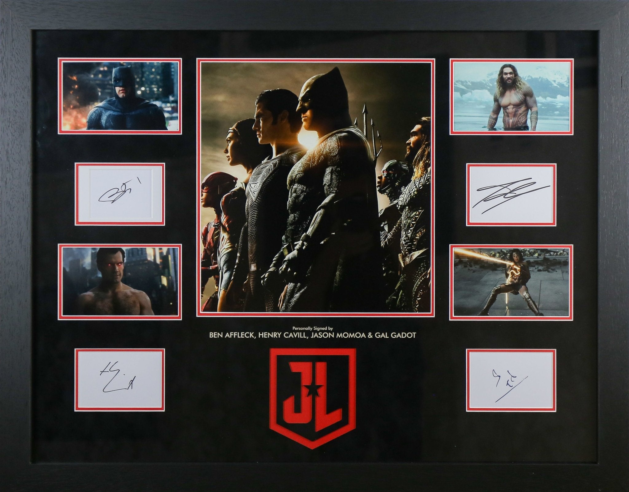 Four Signed Justice League Whitecard Framed Display - Memorabilia Framers Shop
